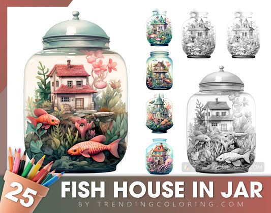 25 Fish House In Jar Grayscale Coloring Pages - Instant Download - Printable PDF Dark/Light