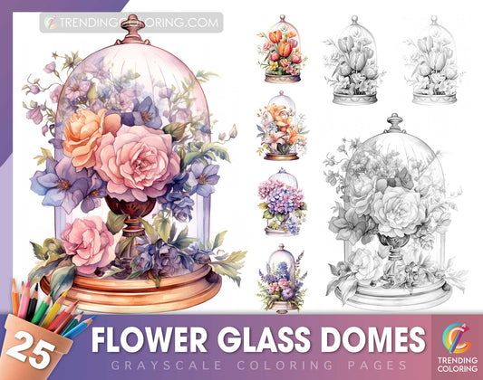 25 Flower Glass Domes Grayscale Coloring Pages- Instant Download - Printable Dark/Light