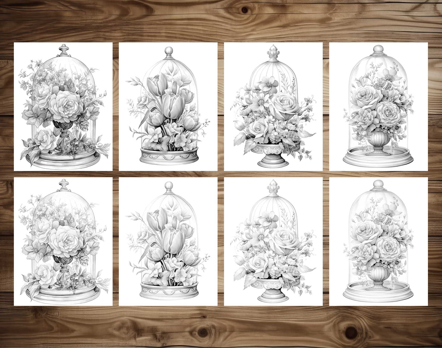 25 Flower Glass Domes Grayscale Coloring Pages- Instant Download - Printable PDF Dark/Light