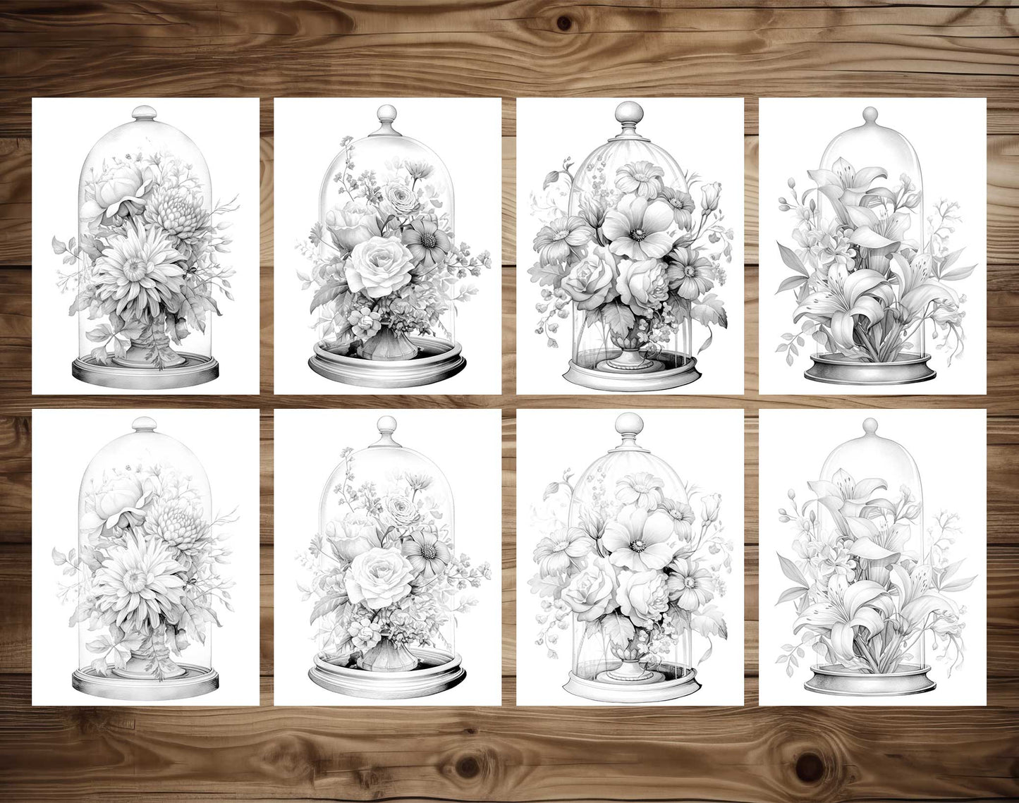 25 Flower Glass Domes Grayscale Coloring Pages- Instant Download - Printable PDF Dark/Light