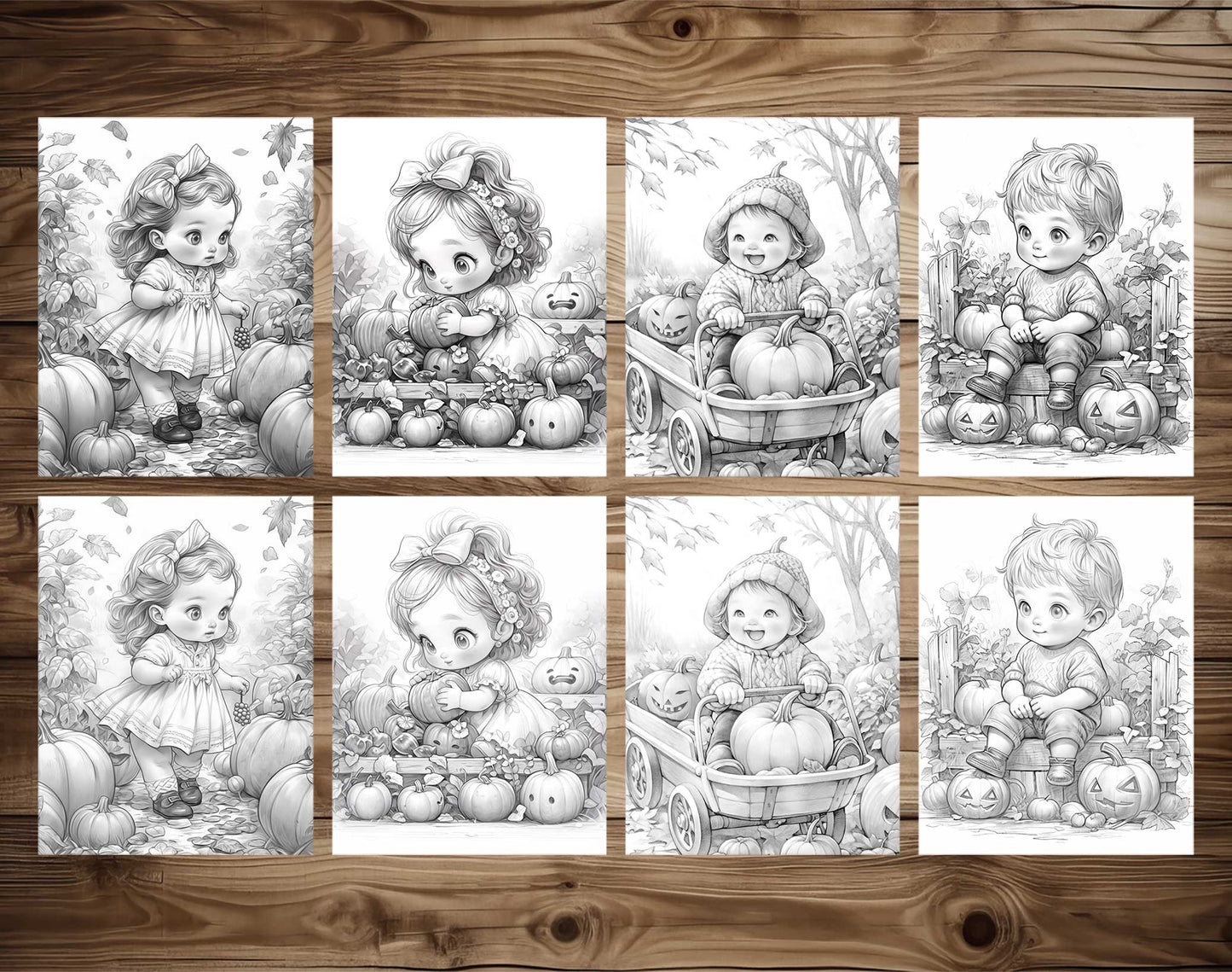 25 Autumn Baby Grayscale Coloring Pages  - Instant Download - Printable Dark/Light