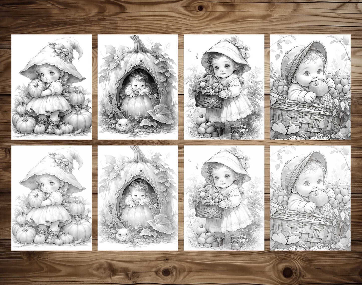 25 Autumn Baby Grayscale Coloring Pages  - Instant Download - Printable Dark/Light
