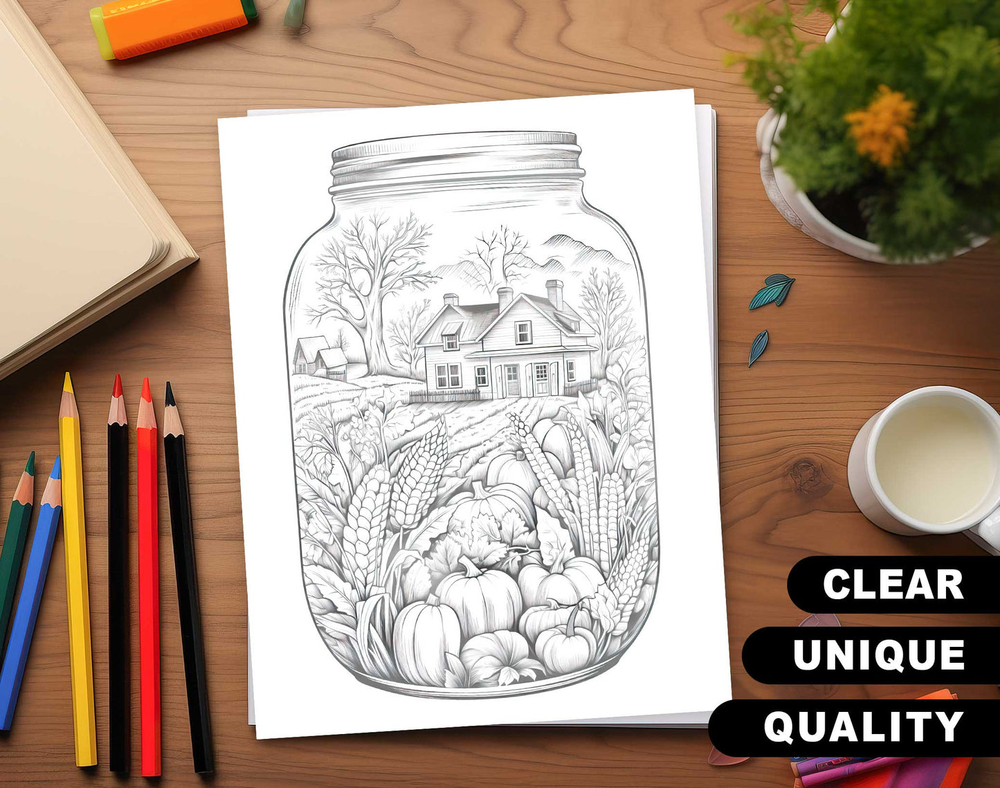 50 Autumn Country In Jar Grayscale Coloring Pages - Instant Download - Printable PDF Dark/Light
