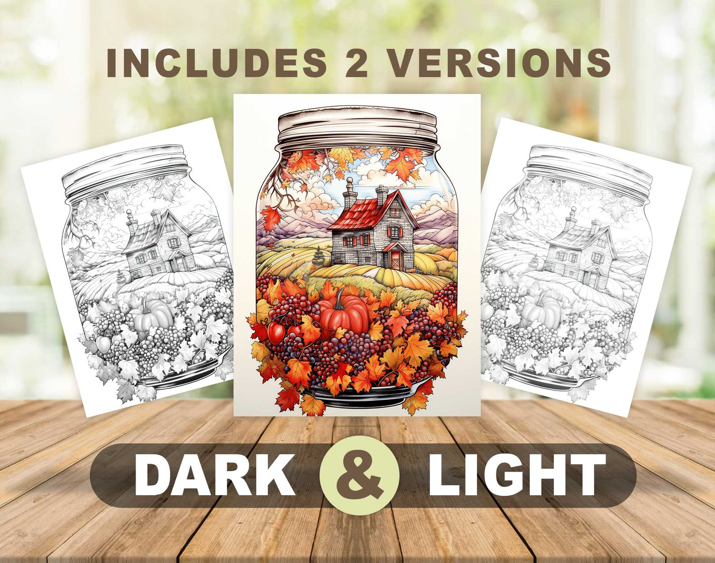 50 Autumn Country In Jar Grayscale Coloring Pages - Instant Download - Printable PDF Dark/Light