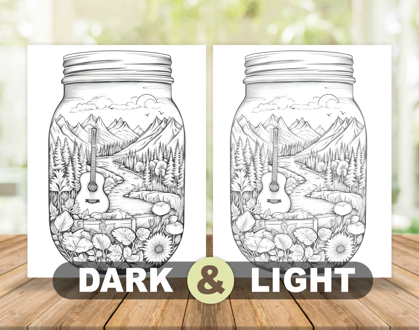 50 Autumn Country In Jar Grayscale Coloring Pages - Instant Download - Printable PDF Dark/Light