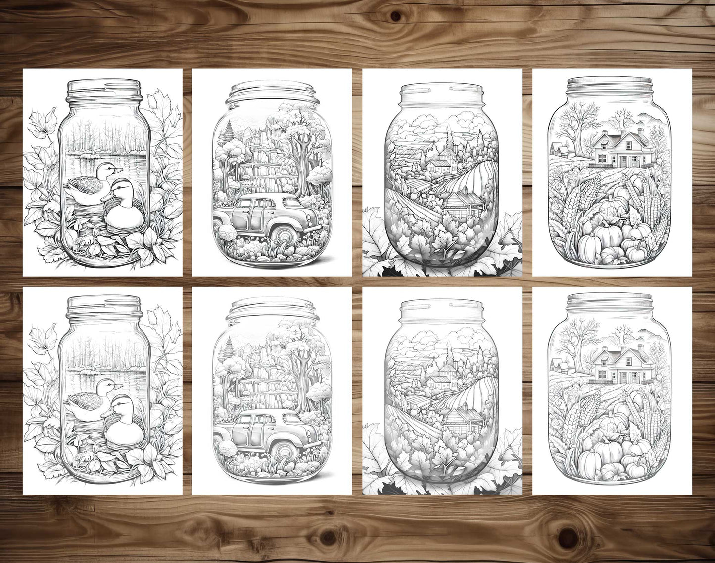 50 Autumn Country In Jar Grayscale Coloring Pages - Instant Download - Printable PDF Dark/Light