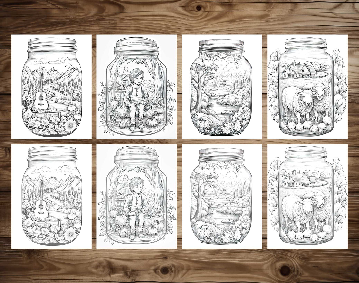 50 Autumn Country In Jar Grayscale Coloring Pages - Instant Download - Printable Dark/Light