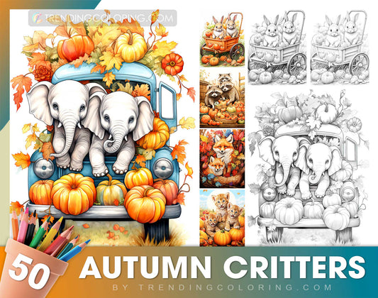 50 Autumn Critters Grayscale Coloring Pages - Instant Download - Printable PDF Dark/Light