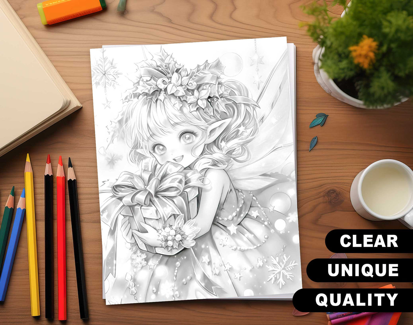 50 Christmas Darlings Grayscale Coloring Pages - Instant Download - Printable Dark/Light