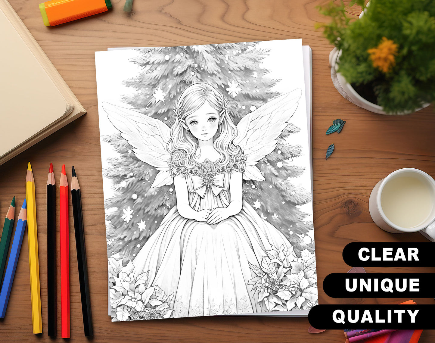 50 Christmas Fairy Grayscale Coloring Pages - Instant Download - Printable PDF Dark/Light