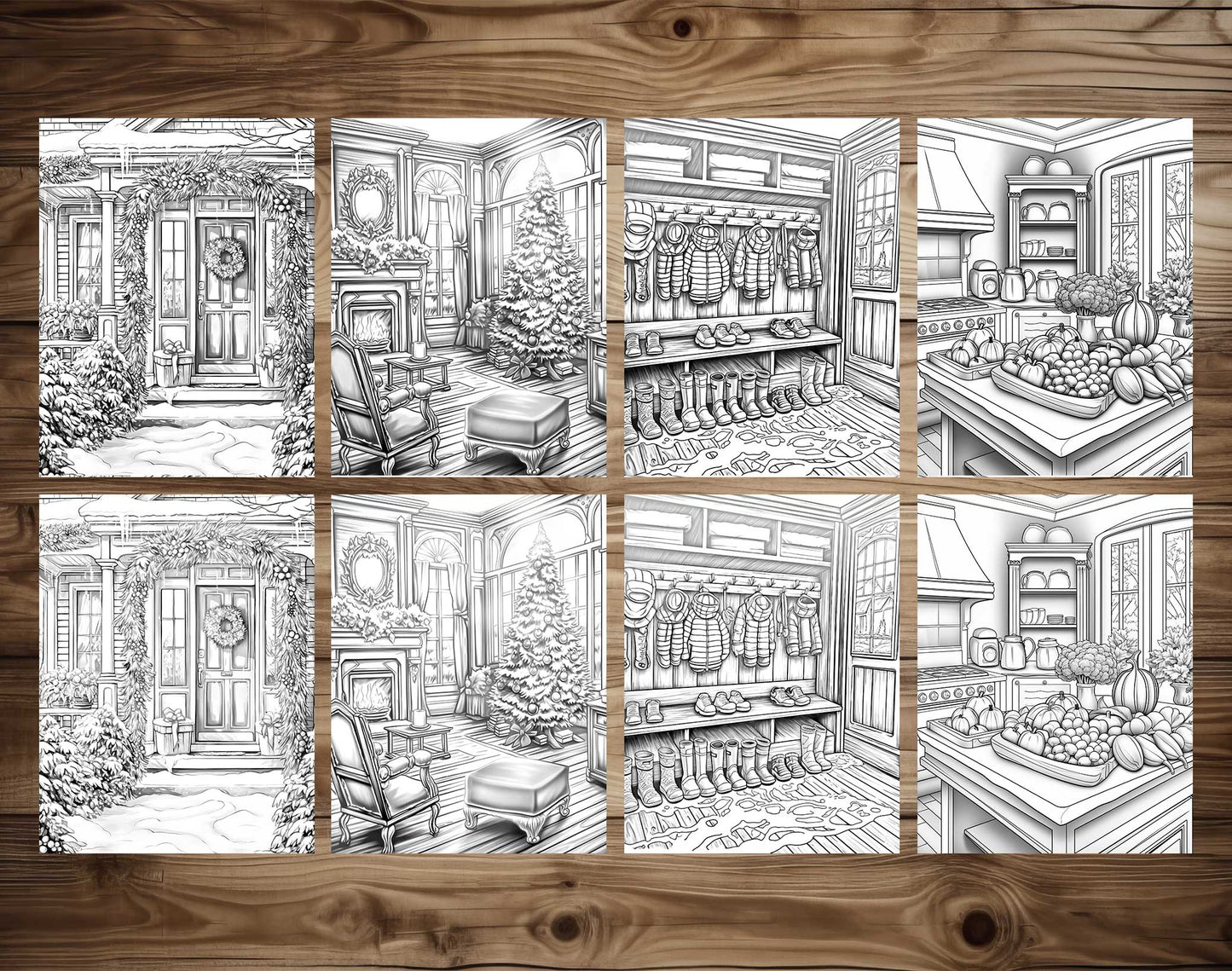 50 Christmas House Interior Grayscale Coloring Pages - Instant Download - Printable PDF Dark/Light