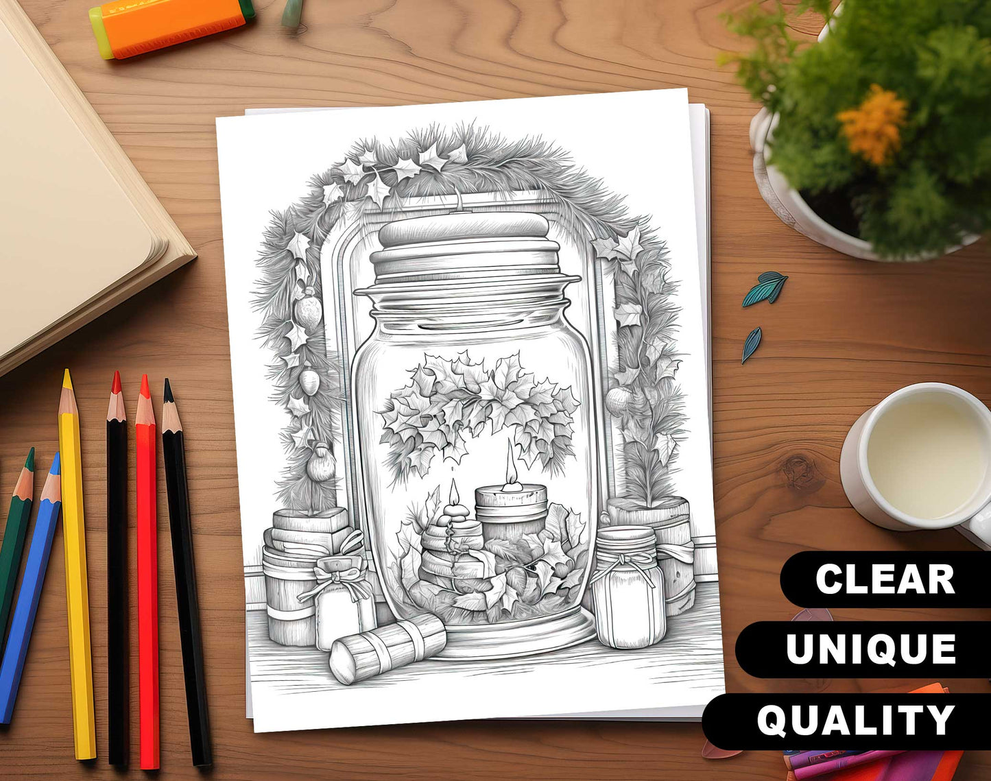 50 Christmas In Jar Grayscale Coloring Pages - Instant Download - Printable PDF Dark/Light