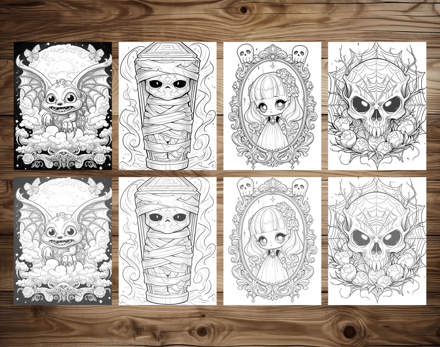25 Creepy Kawaii Grayscale Coloring Pages - Halloween Coloring - Instant Download - Printable Dark/Light
