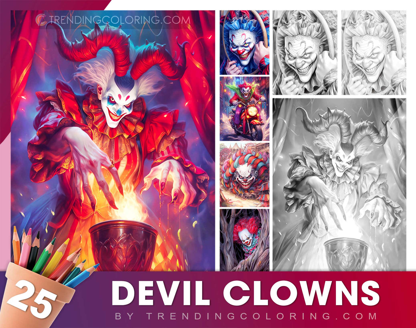 Devil Clowns Grayscale Halloween Coloring Pages