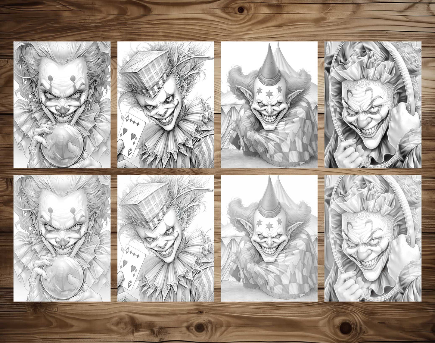 25 Devil Clowns Grayscale Coloring Pages - Halloween Coloring - Instant Download - Printable Dark/Light