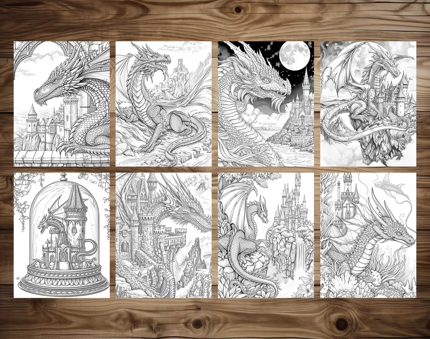 50 Dragon Castle Grayscale Coloring Pages - Instant Download - Printable PDF Dark/Light