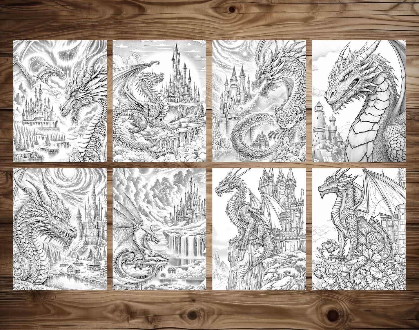 50 Dragon Castle Grayscale Coloring Pages - Instant Download - Printable PDF Dark/Light