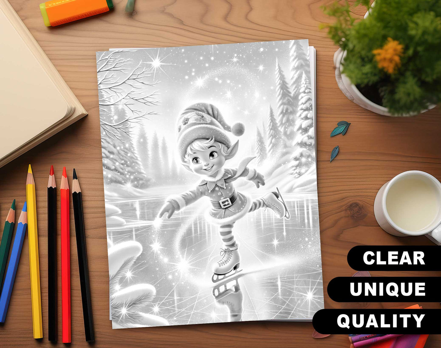 50 Elf's Journey Grayscale Coloring Pages - Instant Download - Printable PDF Dark/Light