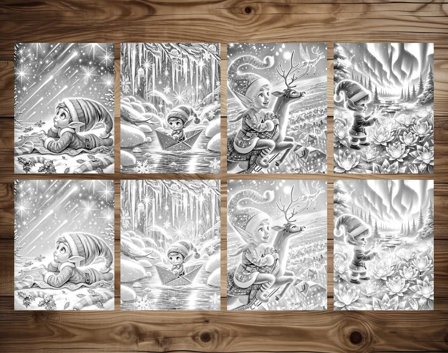 50 Elf's Journey Grayscale Coloring Pages - Instant Download - Printable PDF Dark/Light