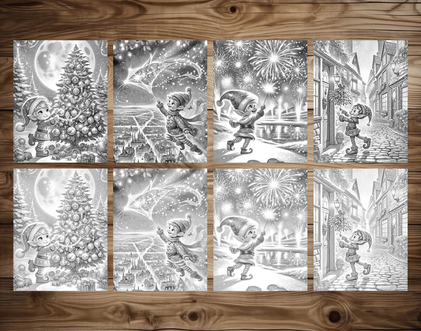 50 Elf's Journey Grayscale Coloring Pages - Instant Download - Printable PDF Dark/Light