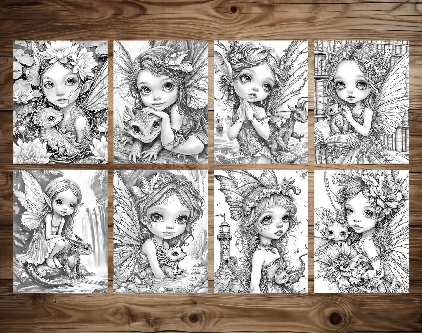50 Fairy And Dragon 3 Grayscale Coloring Pages - Instant Download - Printable PDF Dark/Light