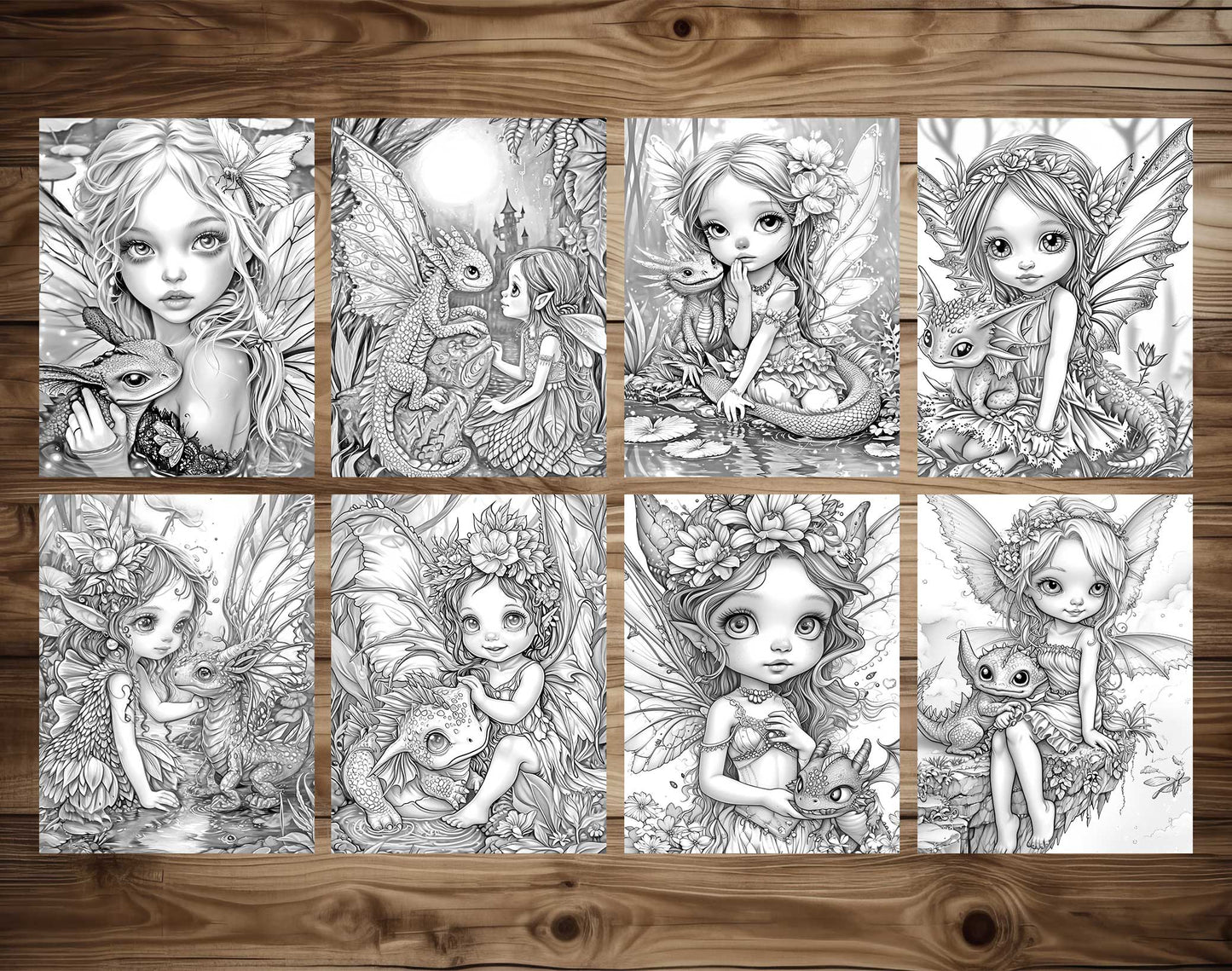 50 Fairy And Dragon 3 Grayscale Coloring Pages - Instant Download - Printable PDF Dark/Light