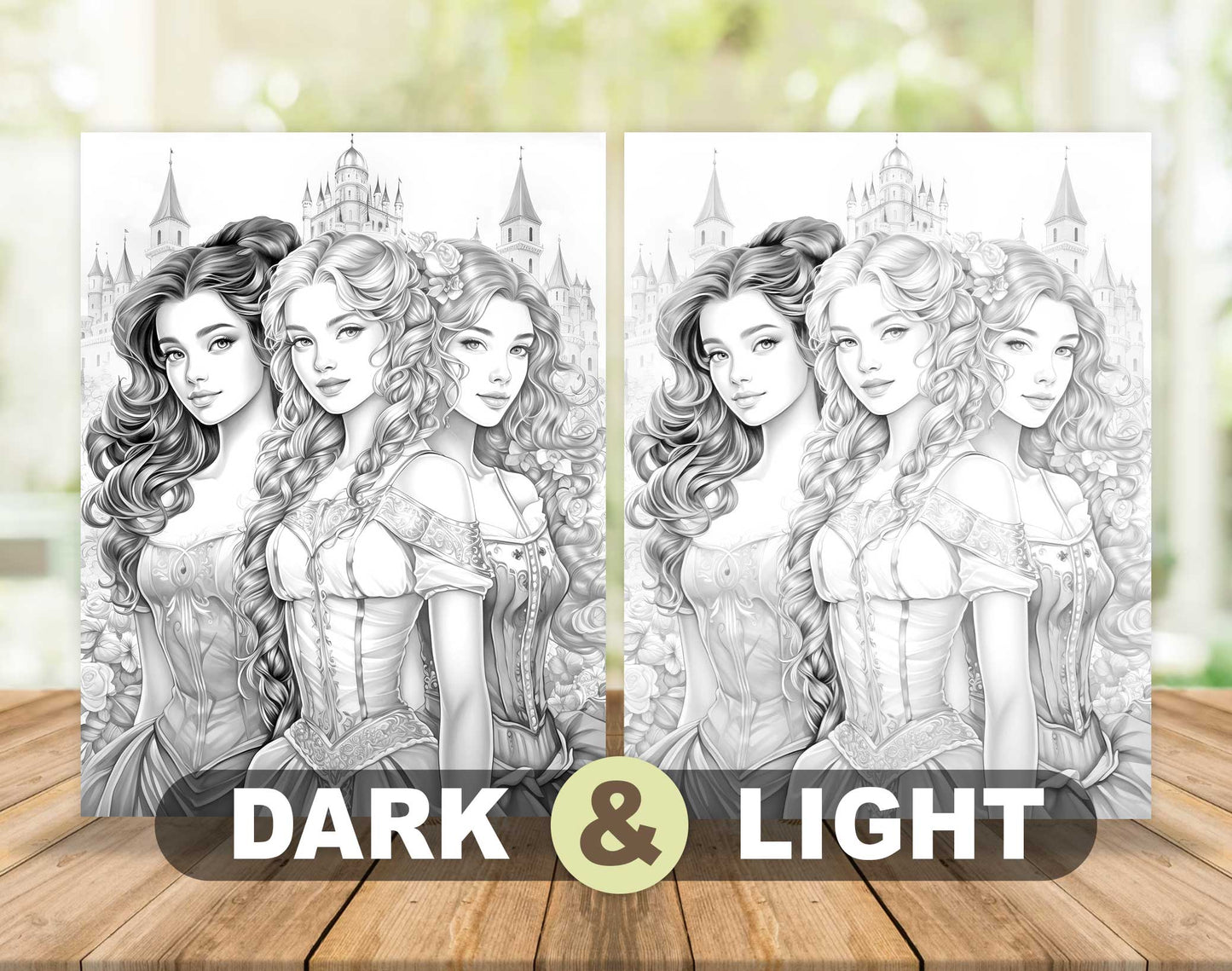 50 Fairy Tale Princess Grayscale Coloring Pages - Instant Download - Printable PDF Dark/Light