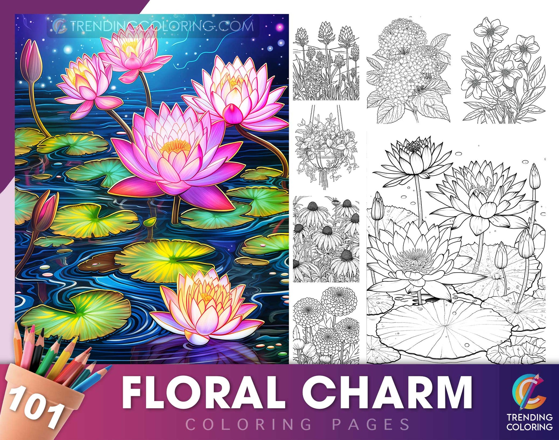 101 Floral Charm Coloring Pages - Instant Download - Printable