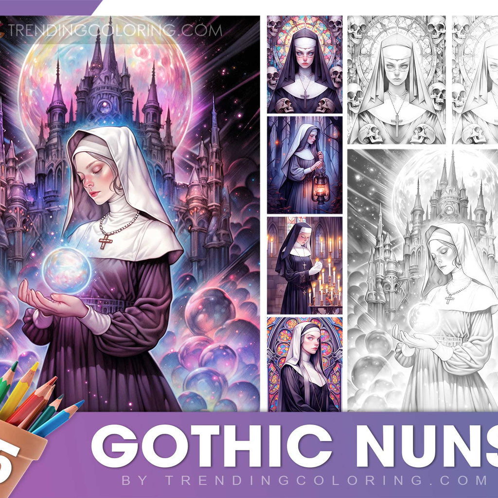 25 Gothic Nuns Grayscale Coloring Pages - Halloween Coloring - Instant ...