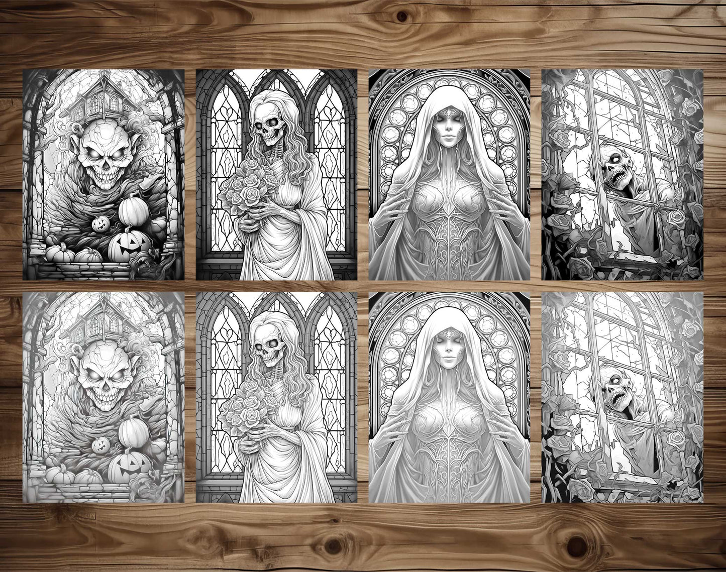 25 Halloween Stained Glass Grayscale Coloring Pages - Instant Download - Printable PDF Dark/Light