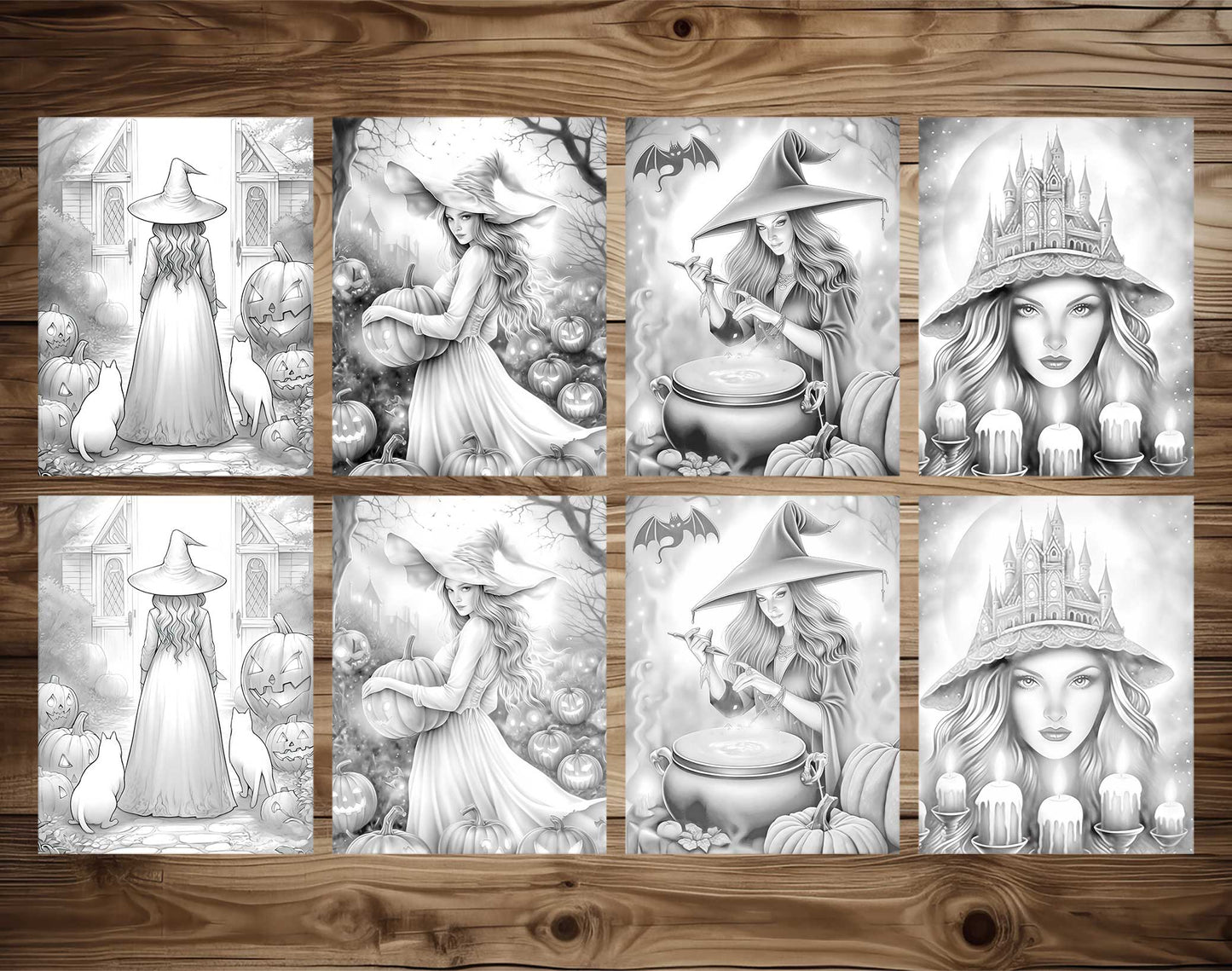 25 Halloween Witches Grayscale Coloring Pages - Halloween Coloring - Instant Download - Printable Dark/Light