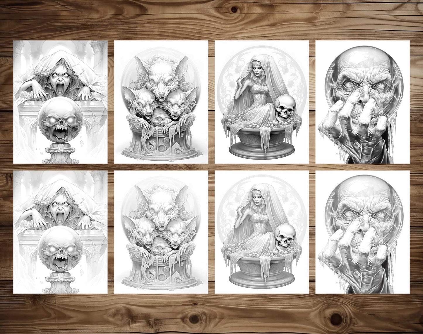 40 Horror Crystal Balls Grayscale Coloring Pages - Halloween Coloring - Instant Download - Printable PDF Dark/Light