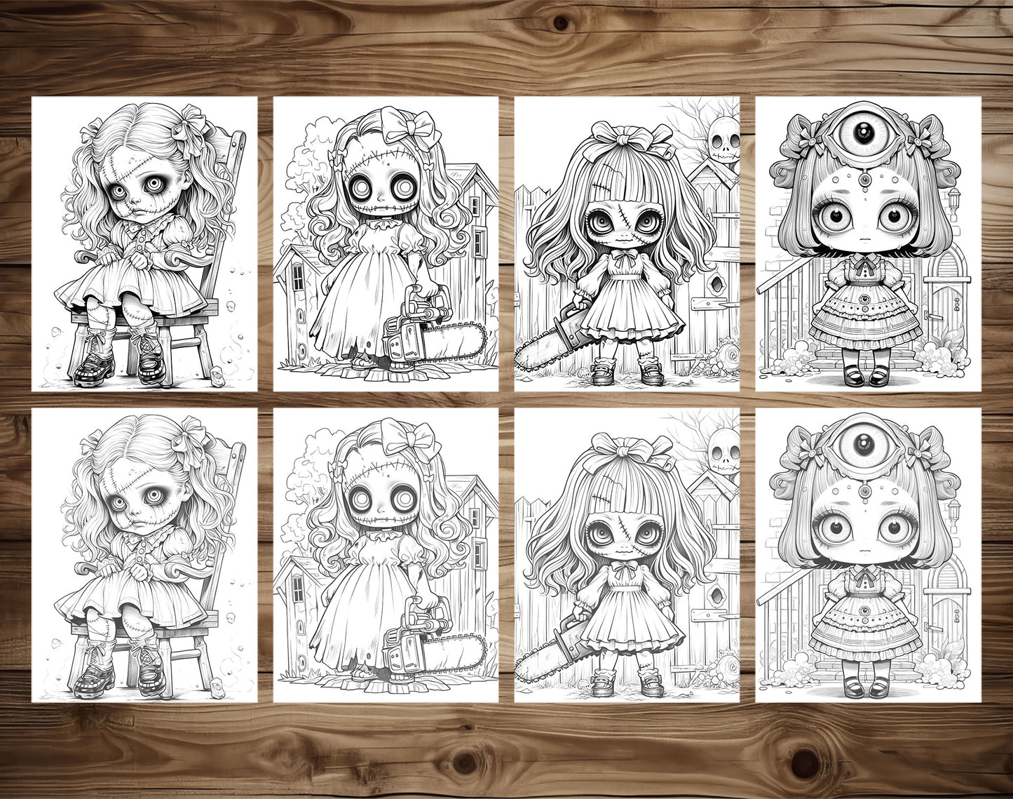 50 Kawaii Creepy Doll Grayscale Coloring Pages - Halloween Coloring - Instant Download - Printable Dark/Light
