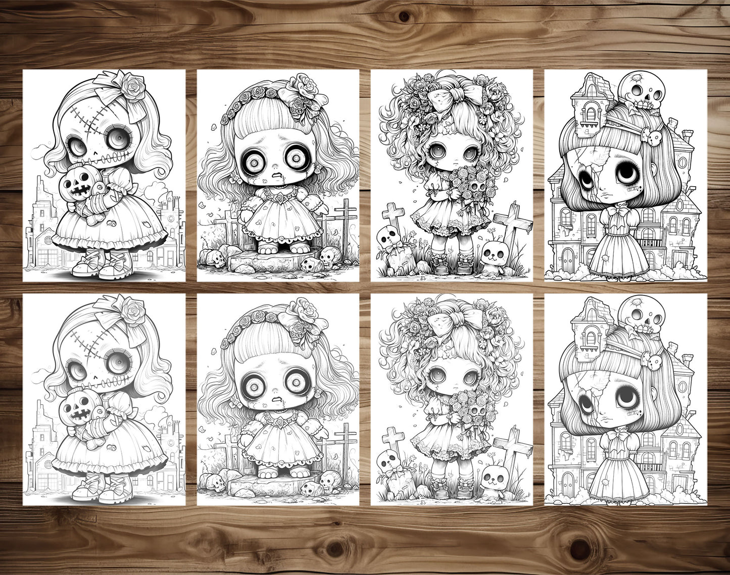 50 Kawaii Creepy Doll Grayscale Coloring Pages - Halloween Coloring - Instant Download - Printable Dark/Light