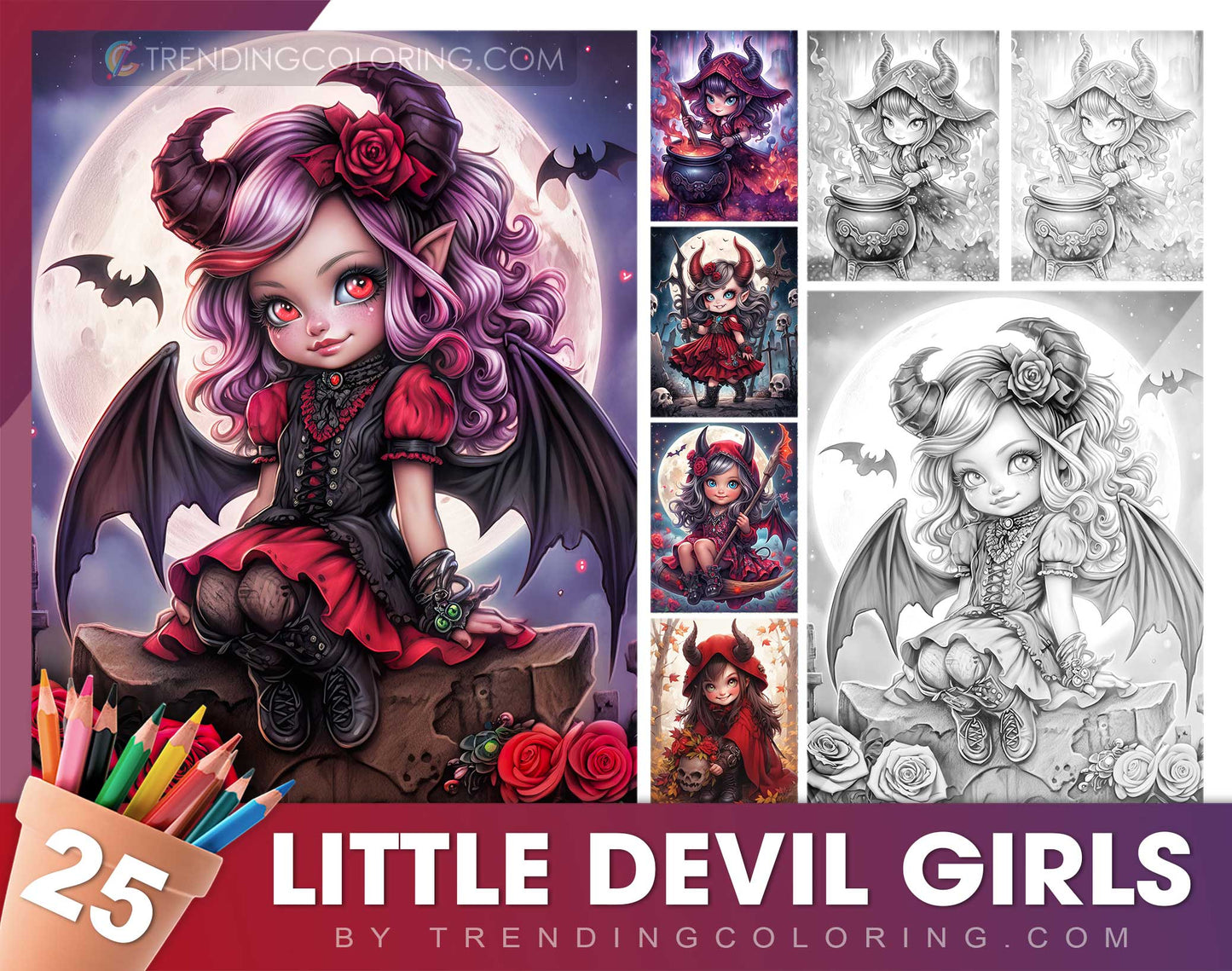 25 Little Devil Girls Grayscale Coloring Pages - Halloween Coloring - Instant Download - Printable PDF Dark/Light