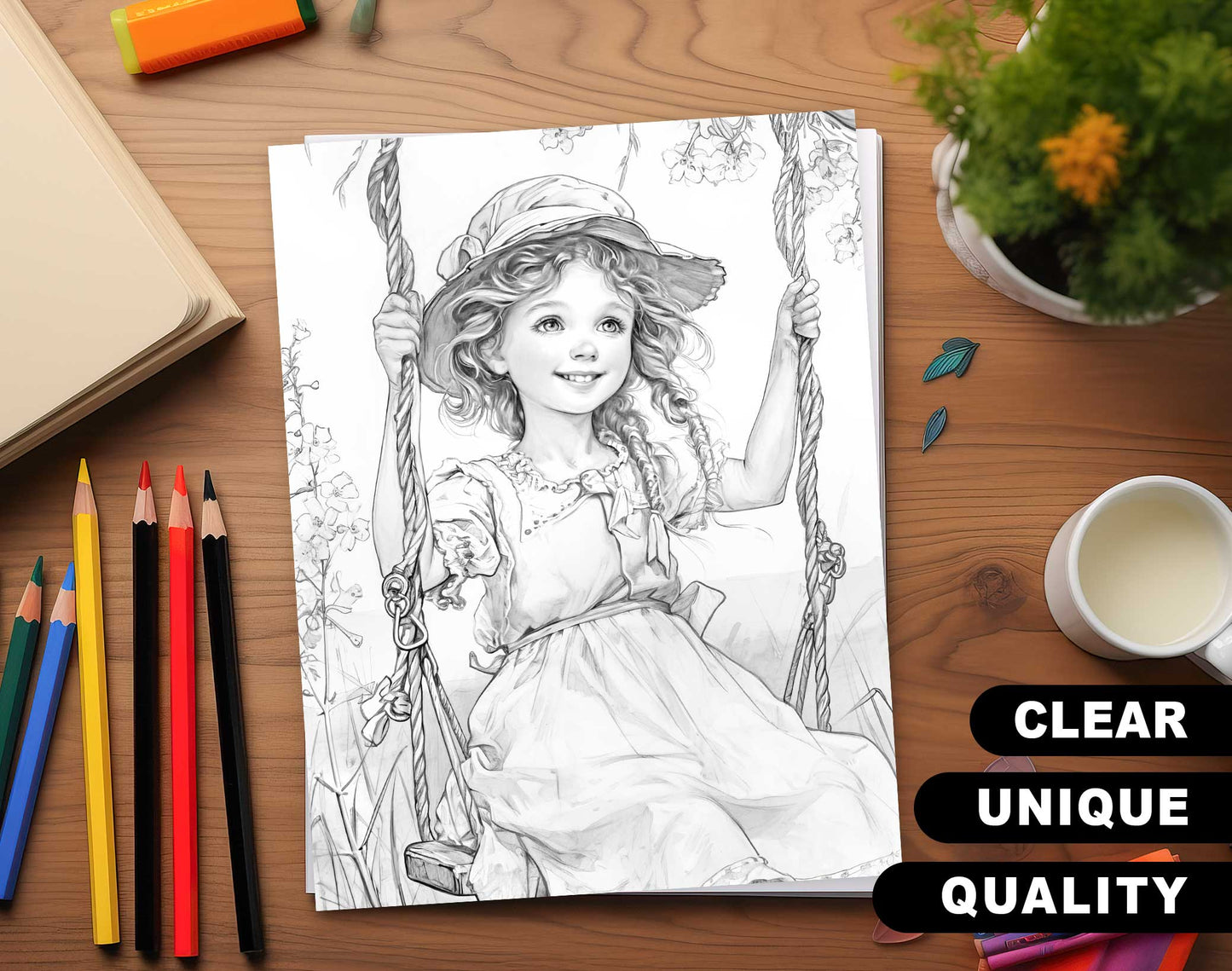 50 Little Prairie Girl Grayscale Coloring Pages - Instant Download - Printable PDF Dark/Light