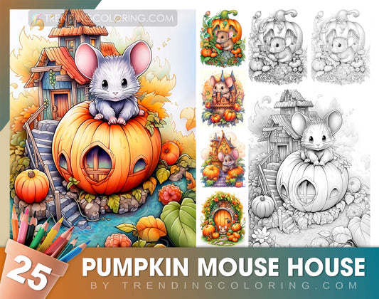 25 Pumpkin Mouse House Grayscale Coloring Pages - Halloween Coloring - Instant Download - Printable Dark/Light