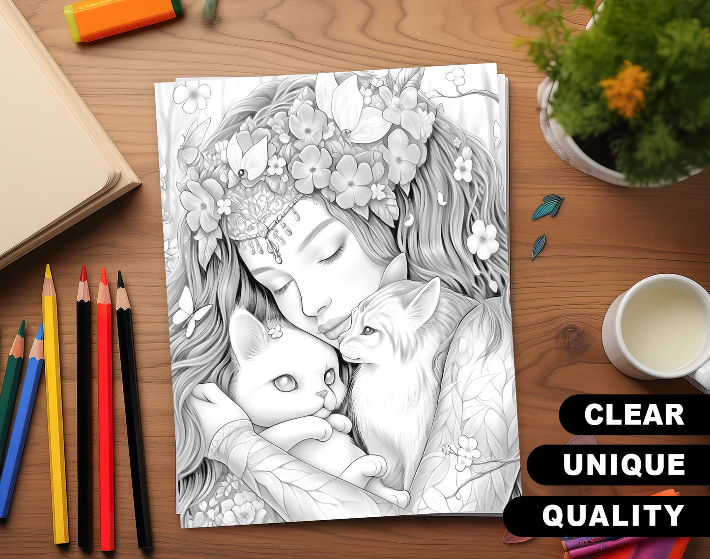 50 Spring Fairy Grayscale Coloring Pages - Instant Download - Printable PDF Dark/Light