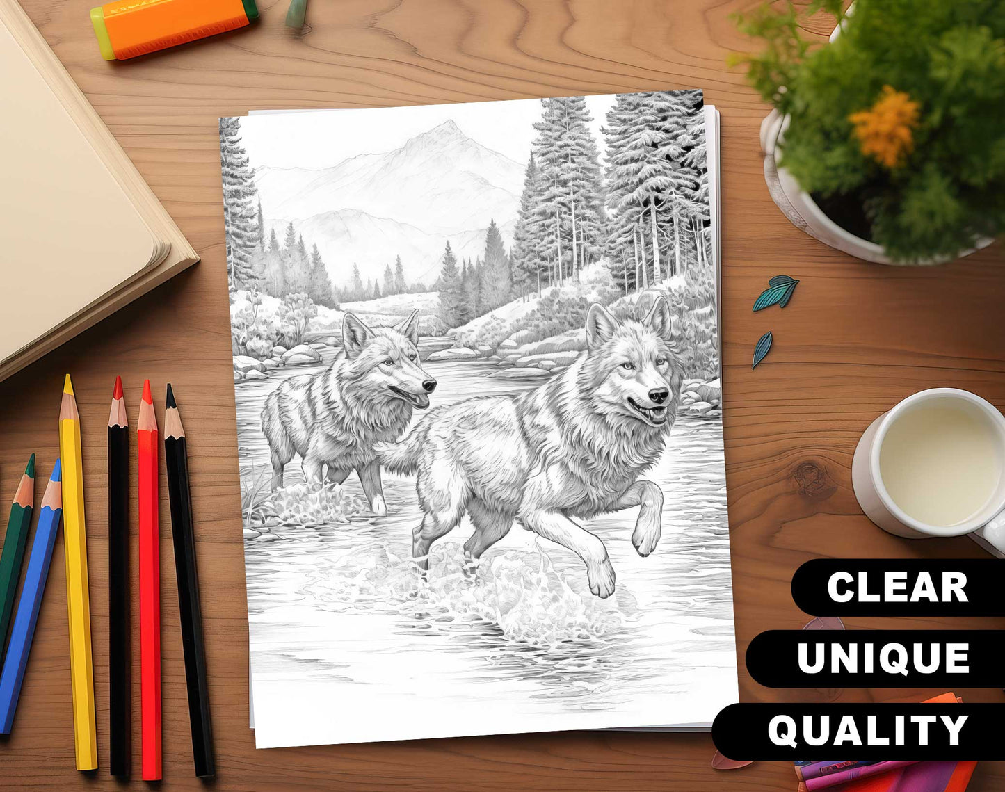 50 The Wild Wolf Grayscale Coloring Pages - Instant Download - Printable PDF Dark/Light