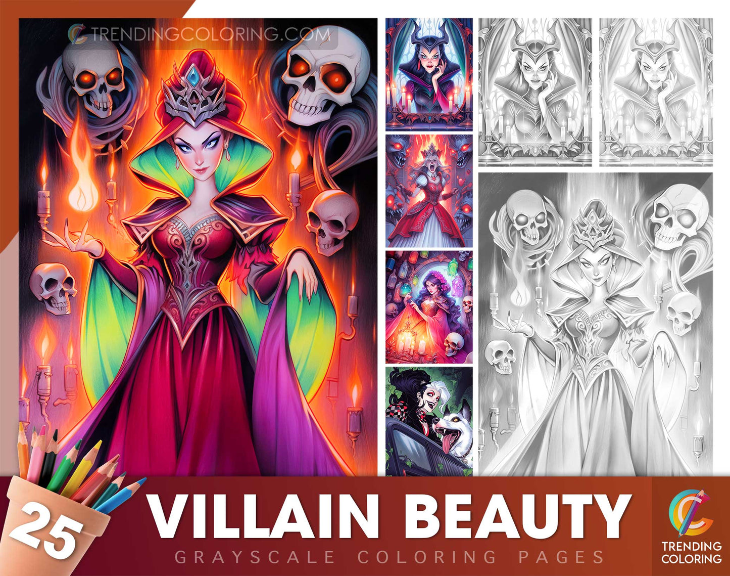 25 Villain Beauty Grayscale Coloring Pages - Instant Download - Printable PDF Dark/Light