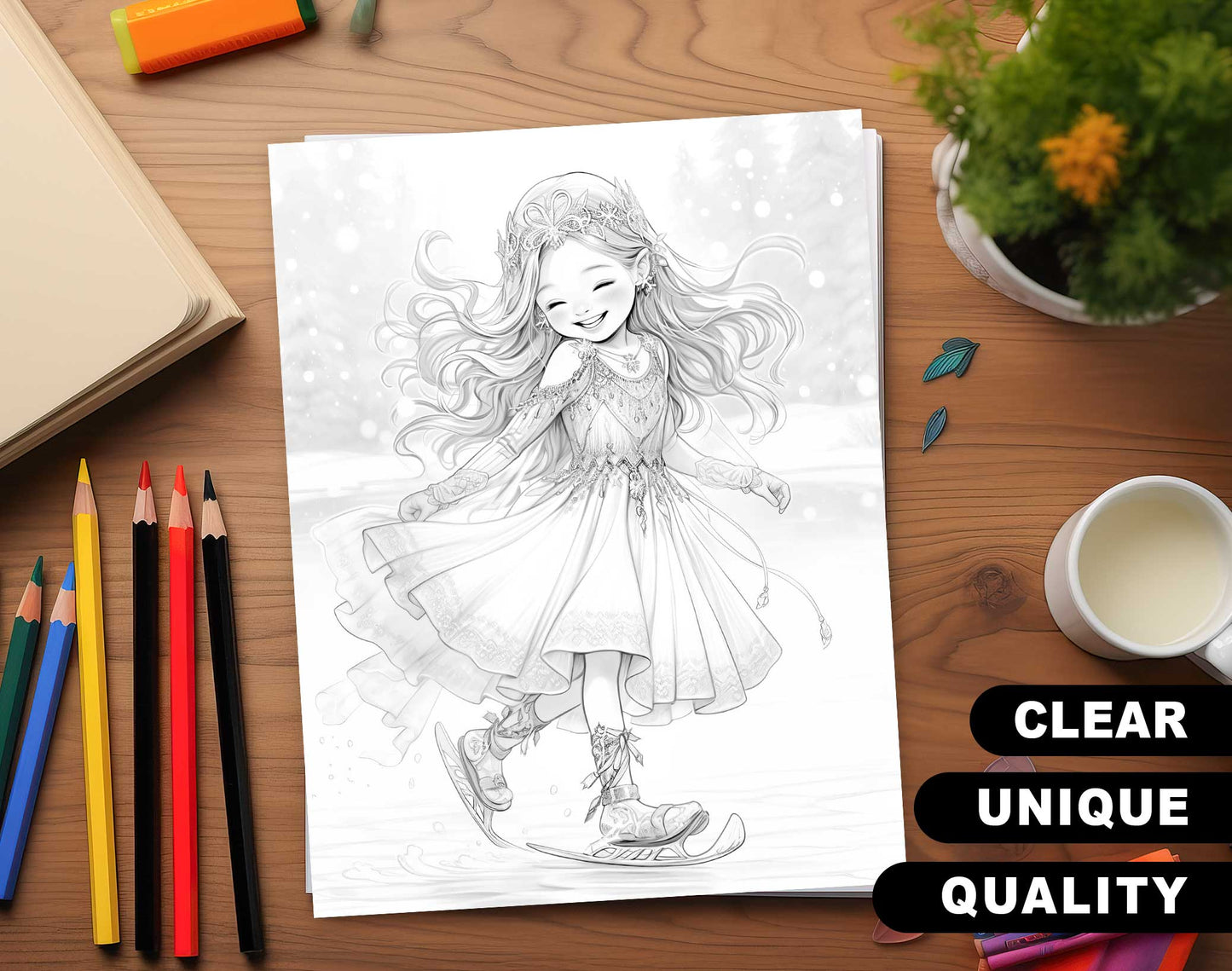 50 Winter Princess Adventure Coloring Pages - Instant Download - Printable PDF Dark/Light