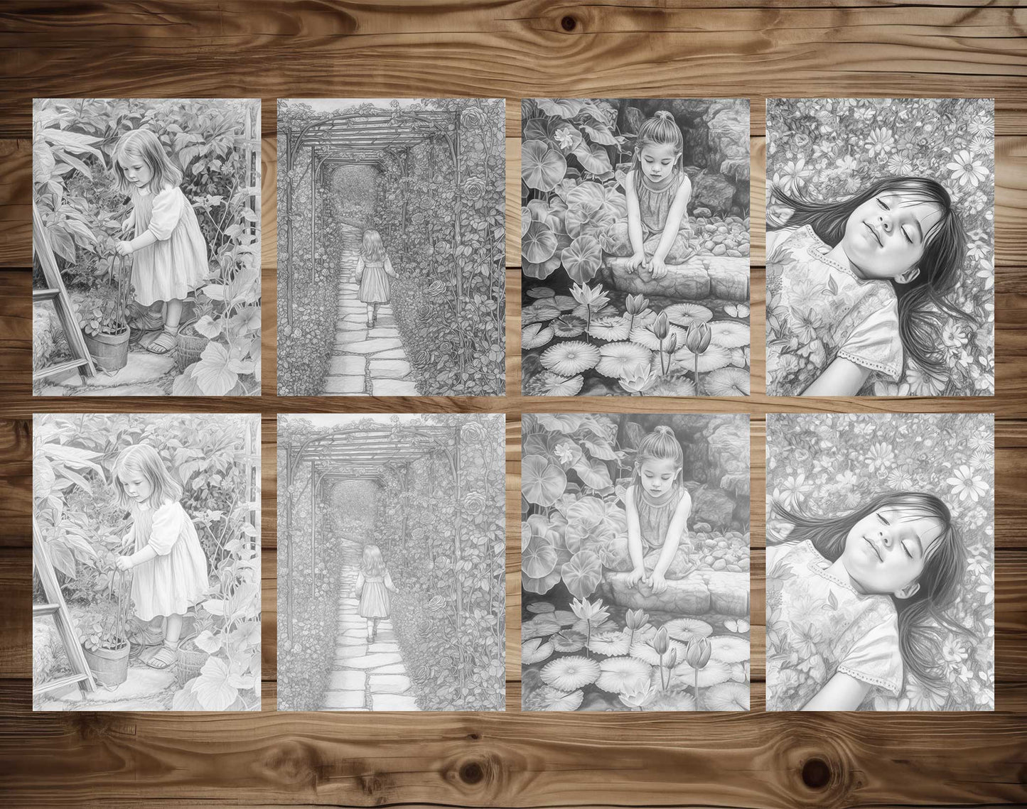 25 Little Girl In Garden Grayscale Coloring Pages - Instant Download - Printable PDF Dark/Light