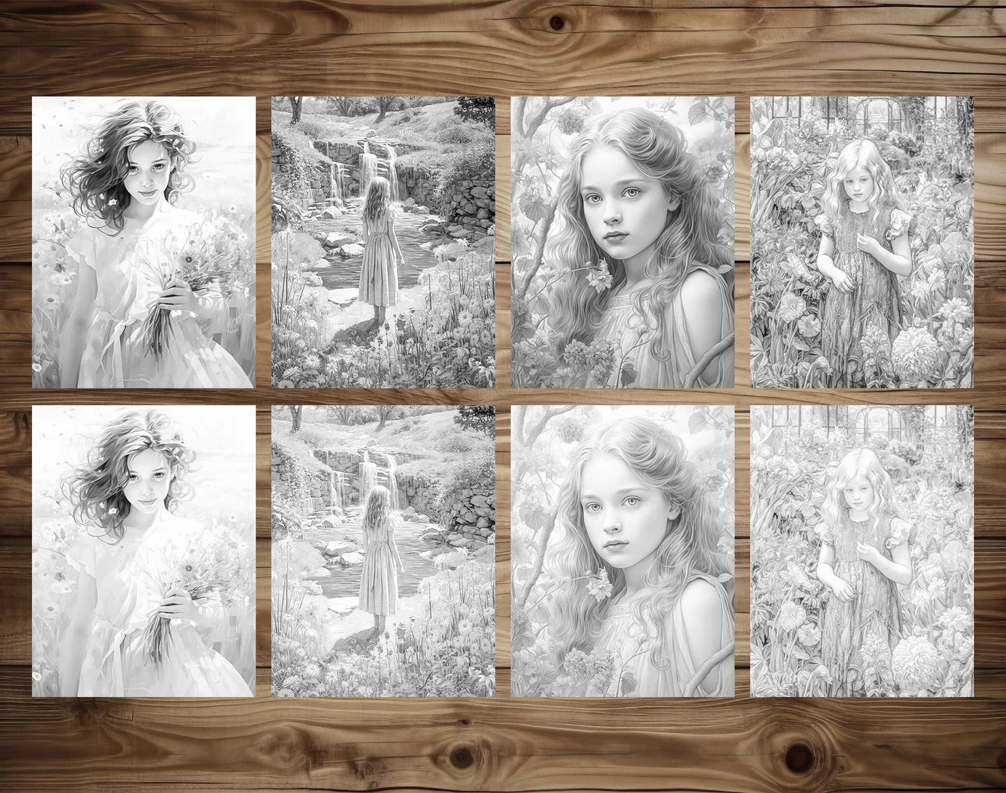 25 Spring Girls Grayscale Coloring Pages - Instant Download - Printable PDF Dark/Light