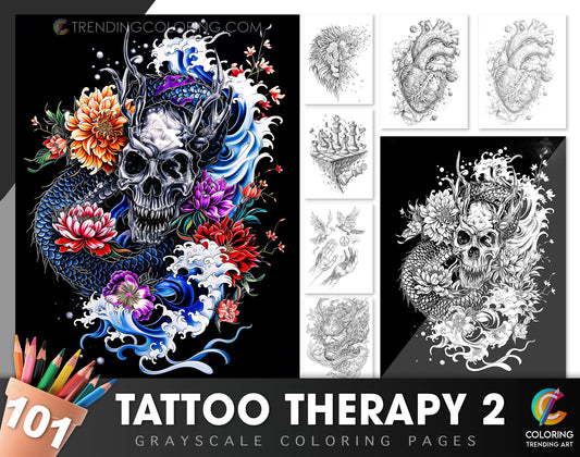 101 Tattoos Therapy 2 Grayscale Coloring Pages - Instant Download - Printable Dark/Light