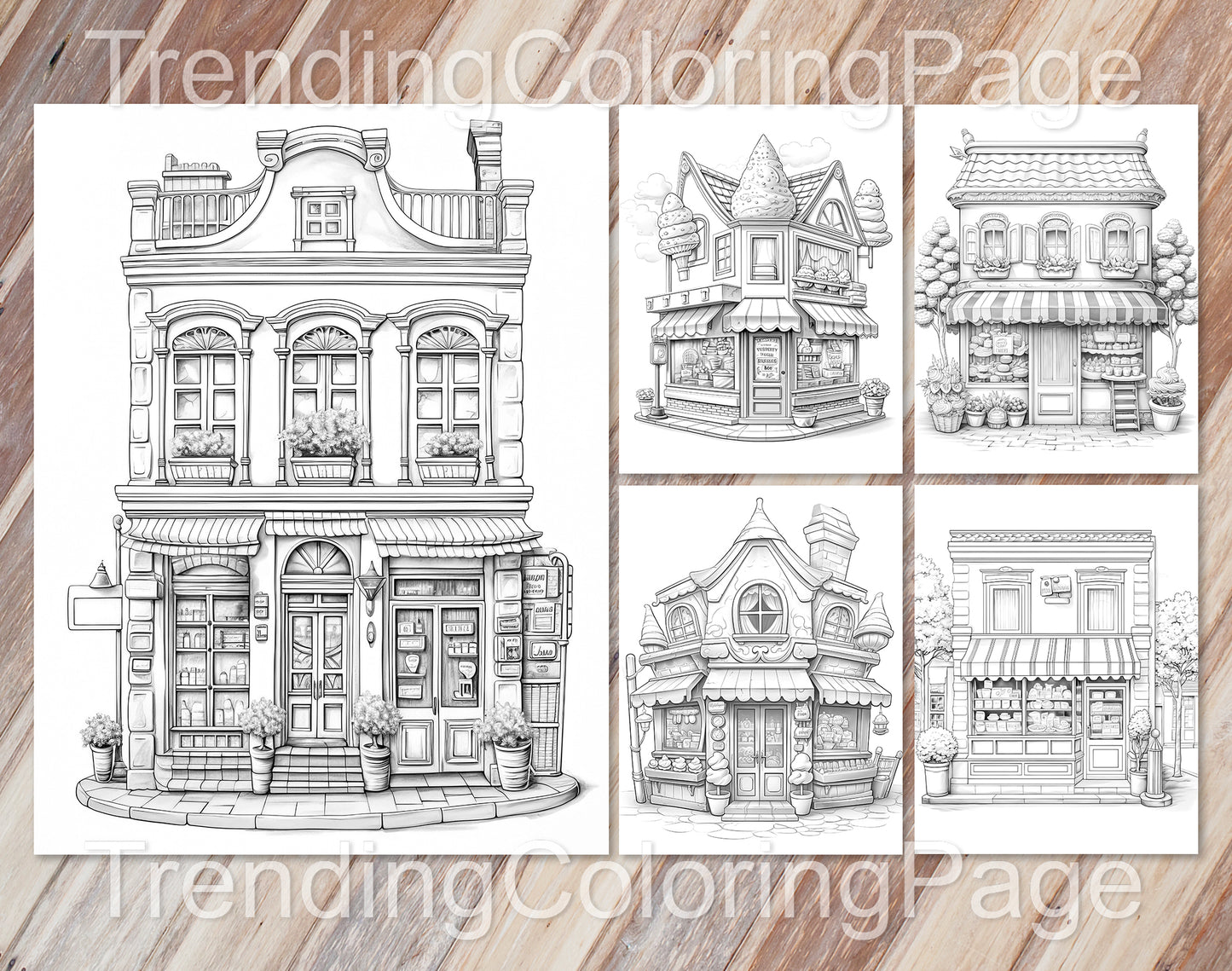80 Adorable Storefront Grayscale Coloring Pages for Adults and Kids - Instant Download - Printable PDF