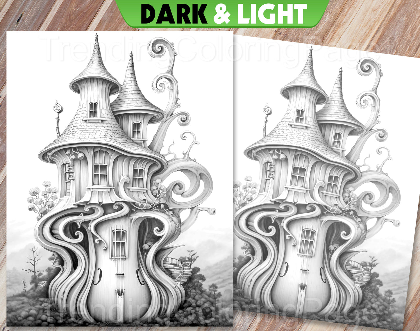 35 Musical Fairy House Grayscale Coloring Pages - Instant Download - Printable PDF Dark/Light
