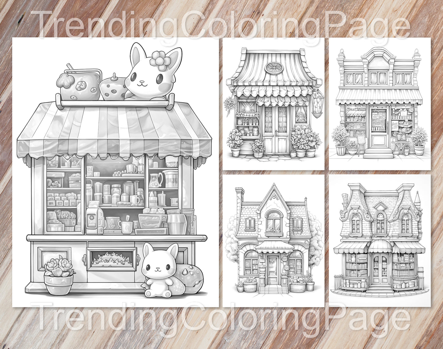 80 Adorable Storefront Grayscale Coloring Pages for Adults and Kids - Instant Download - Printable PDF