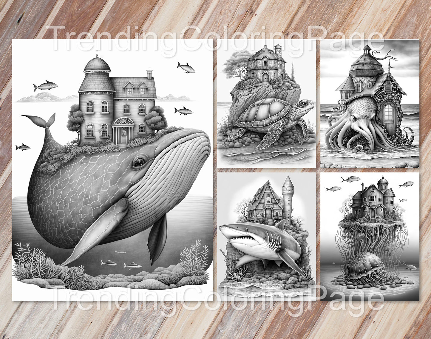 25 Fantasy Ocean Houses Grayscale Coloring Pages - Instant Download - Printable PDF Dark/Light