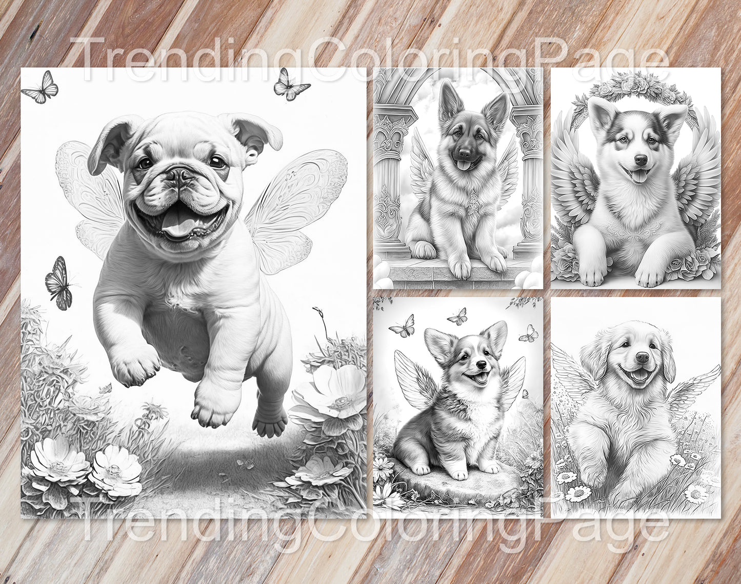20 Lovely Angel Puppies Grayscale Coloring Pages - Instant Download - Printable PDF Dark/Light