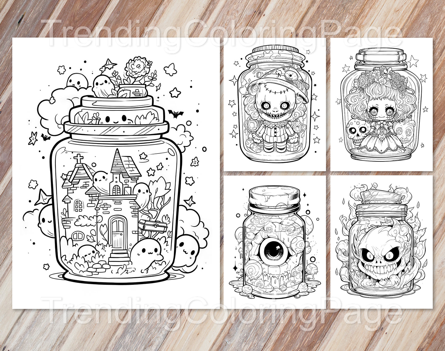 101 Kawaii Halloween in Jar Coloring Pages - Instant Download